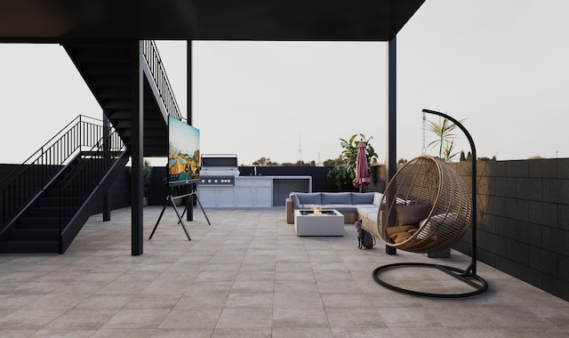 view of patio featuring area for grilling, stairway, a grill, fence, and an outdoor living space