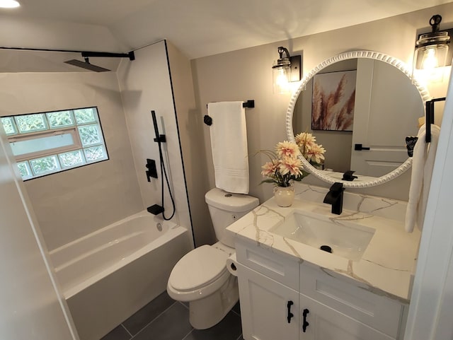 full bathroom featuring tile patterned flooring, toilet, shower / bathing tub combination, and vanity