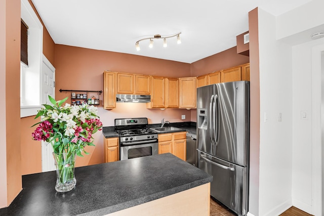 kitchen with dark countertops, light brown cabinets, under cabinet range hood, appliances with stainless steel finishes, and a peninsula