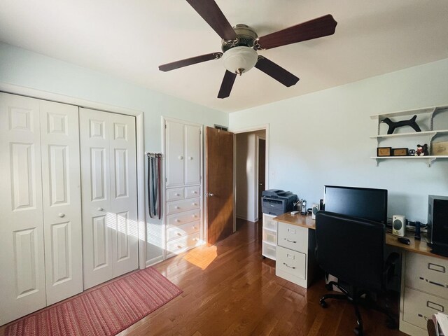 home office featuring dark wood-type flooring and ceiling fan