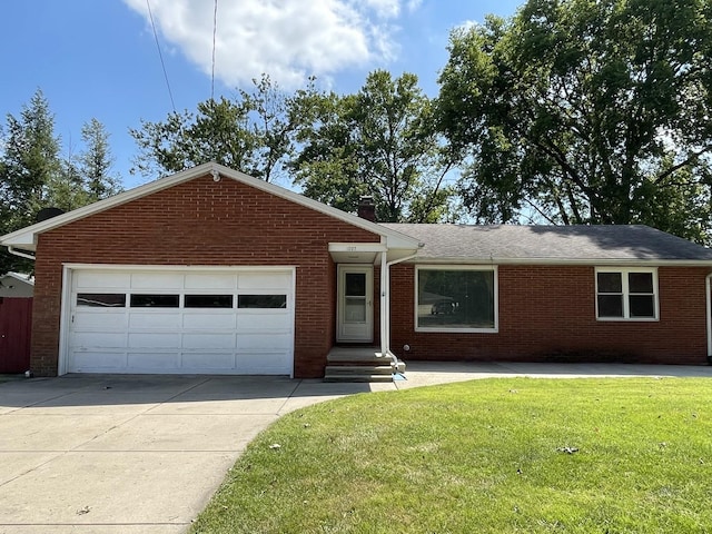 ranch-style house featuring brick siding, a chimney, concrete driveway, a garage, and a front lawn