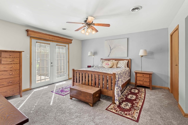 carpeted bedroom with access to outside, french doors, and ceiling fan