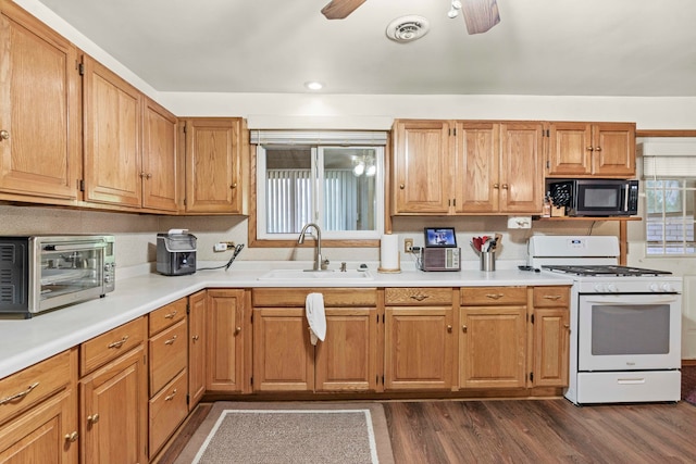 kitchen with dark wood-type flooring, ceiling fan, gas range gas stove, and sink