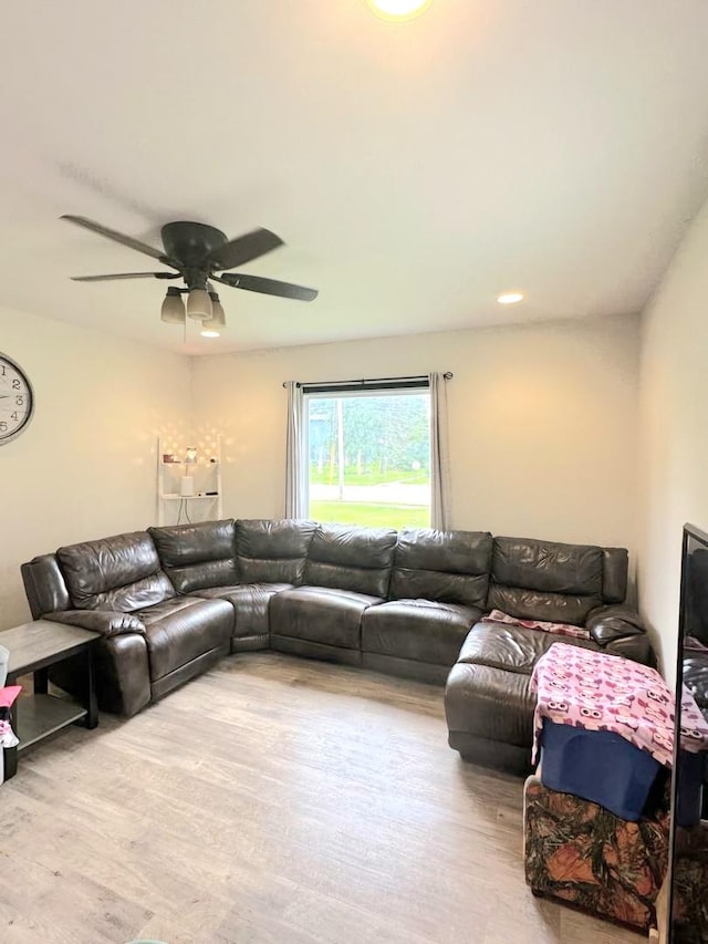 living area with a ceiling fan and wood finished floors