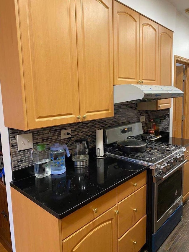 kitchen with stainless steel range with gas stovetop, backsplash, and dark hardwood / wood-style floors