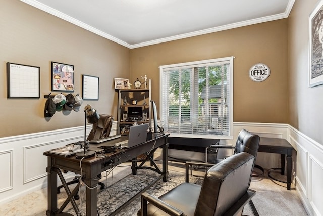 office area featuring ornamental molding and light carpet