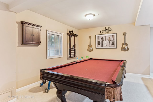 playroom with billiards and light carpet