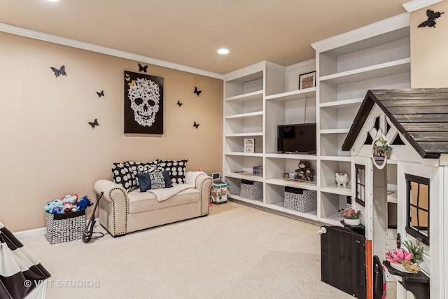 interior space featuring carpet and ornamental molding