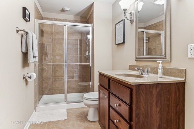 bathroom featuring tile patterned floors, walk in shower, toilet, and vanity