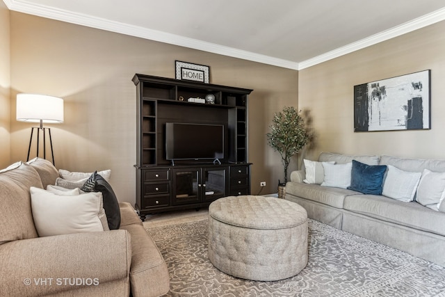 living room with ornamental molding