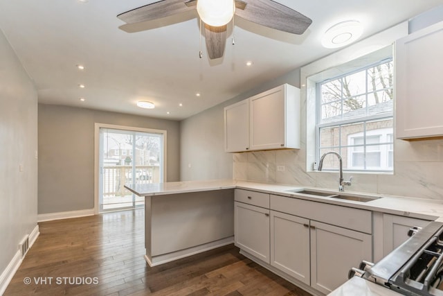 kitchen with sink, dark hardwood / wood-style flooring, backsplash, kitchen peninsula, and white cabinets