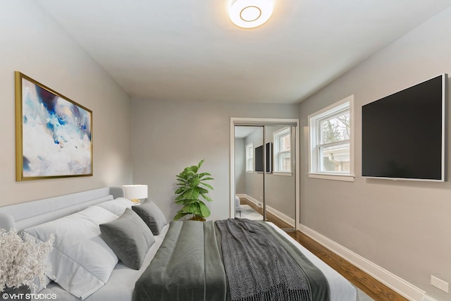 bedroom featuring wood-type flooring and a closet