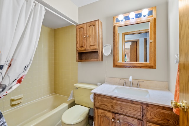 full bathroom featuring toilet, shower / tub combo, and vanity