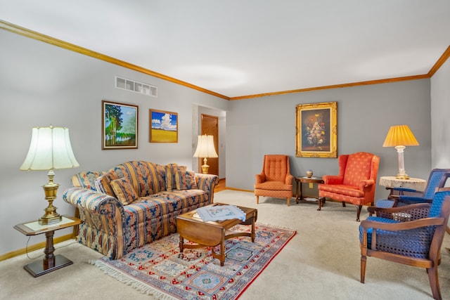 carpeted living room with crown molding