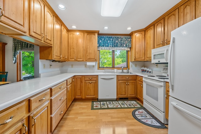 kitchen with white appliances, sink, and light hardwood / wood-style floors