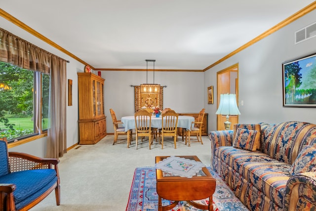 carpeted living room with crown molding