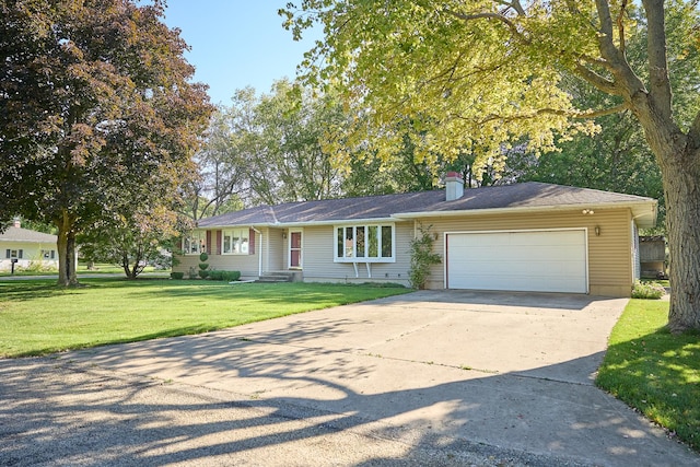 single story home featuring a front lawn, an attached garage, concrete driveway, and a chimney