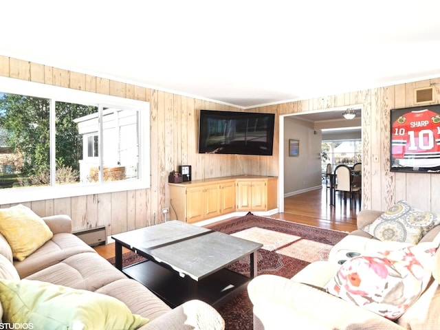 living room featuring dark hardwood / wood-style flooring, baseboard heating, and wooden walls