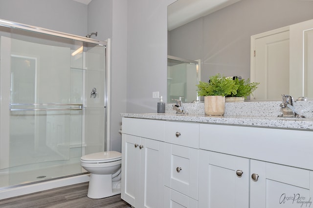 bathroom featuring an enclosed shower, wood-type flooring, toilet, and vanity