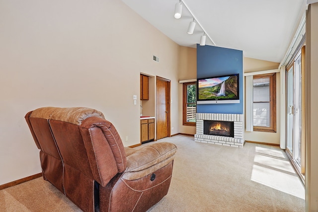 living area with track lighting, plenty of natural light, and a fireplace