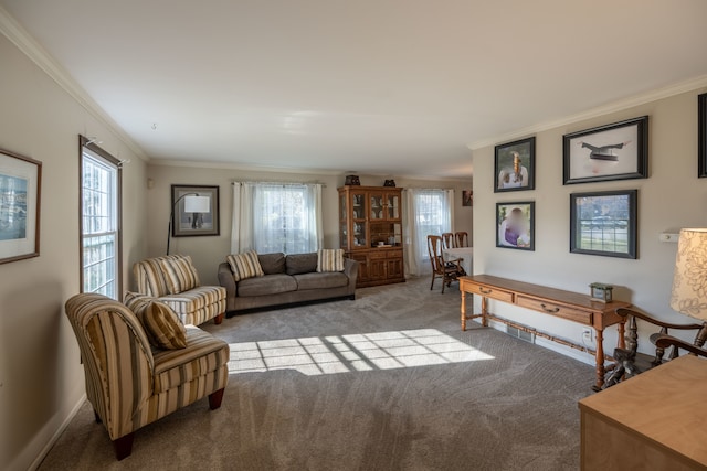 living room featuring light carpet and crown molding