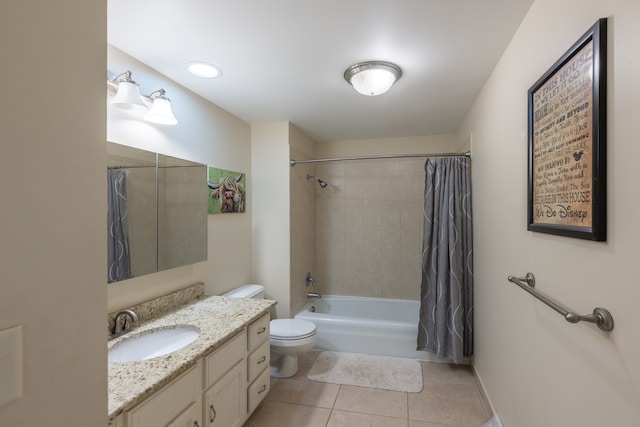 full bathroom featuring tile patterned floors, vanity, shower / bath combination with curtain, and toilet