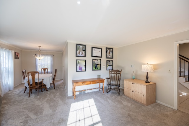 interior space featuring light colored carpet and crown molding