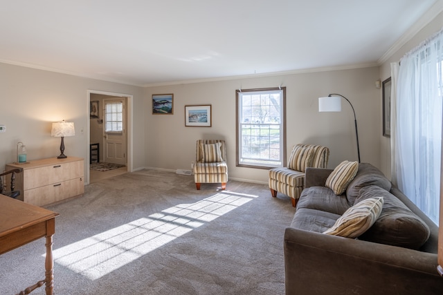 carpeted living room featuring ornamental molding