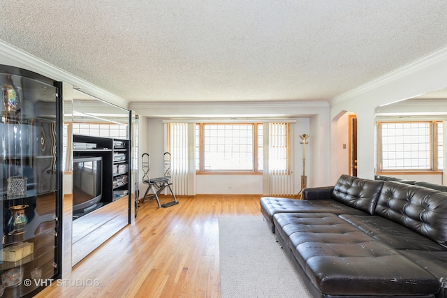 living room featuring light wood-type flooring, a textured ceiling, and ornamental molding