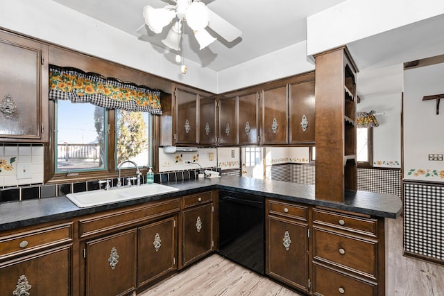 kitchen featuring light hardwood / wood-style flooring, sink, dark brown cabinets, and black dishwasher