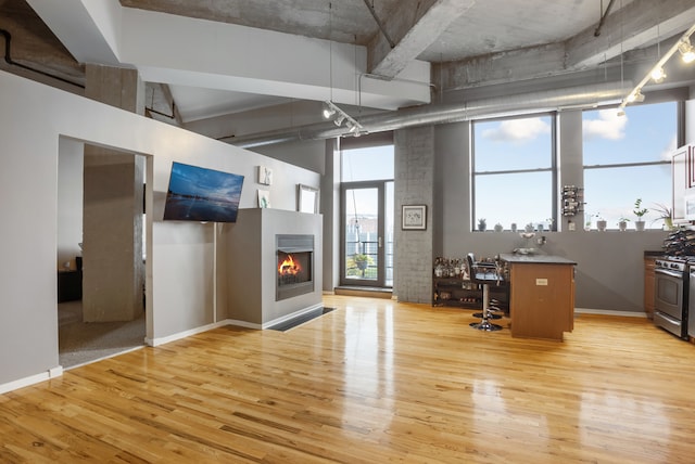 unfurnished office with a high ceiling and light hardwood / wood-style floors