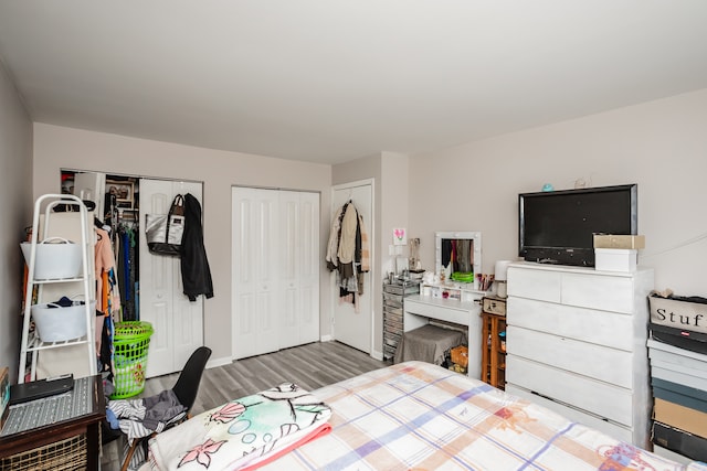 bedroom with two closets and hardwood / wood-style flooring