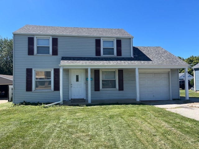 view of front of property with a garage and a front lawn