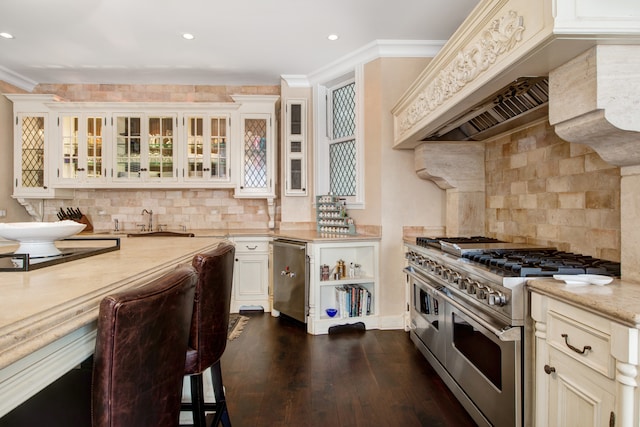 kitchen featuring premium range hood, appliances with stainless steel finishes, crown molding, and dark hardwood / wood-style flooring