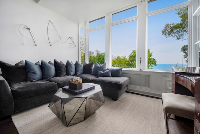 living room with light hardwood / wood-style flooring, plenty of natural light, and a water view