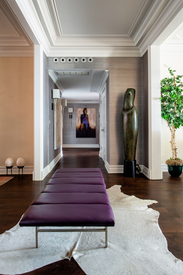 hallway with crown molding and dark wood-type flooring