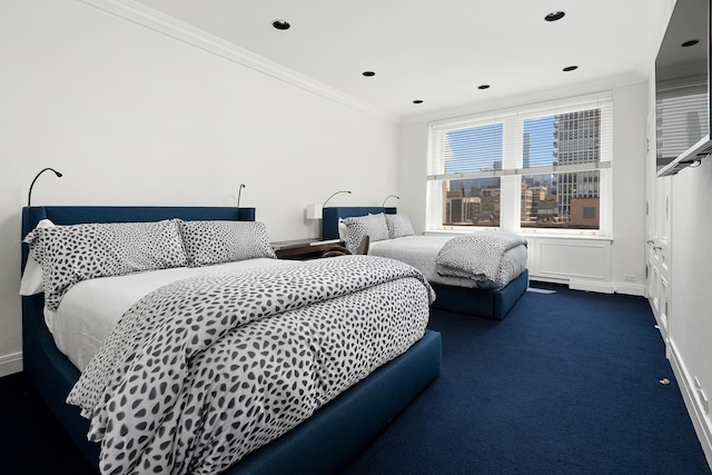 bedroom featuring recessed lighting, carpet, baseboards, and ornamental molding