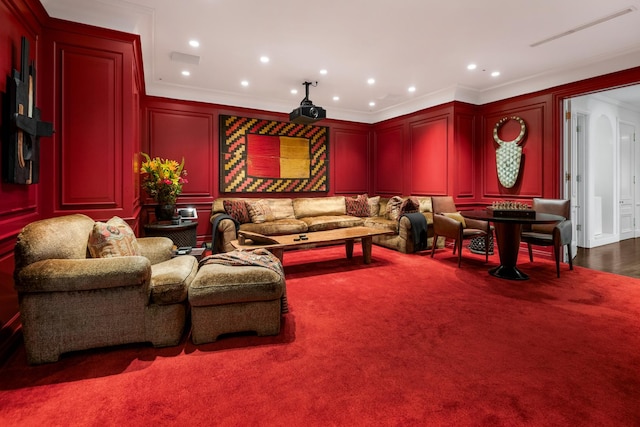 interior space with recessed lighting, carpet floors, crown molding, and a decorative wall