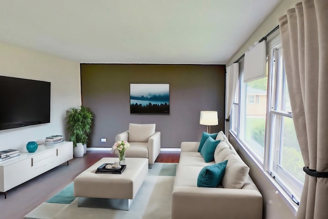 living room featuring hardwood / wood-style flooring and a healthy amount of sunlight