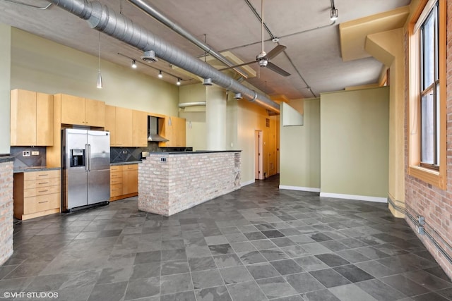 2675 W Grand Ave Unit 302, Chicago, IL 60612 - kitchen with light brown cabinetry, a high ceiling, stainless steel refrigerator with ice dispenser, wall chimney exhaust hood, and a ceiling fan