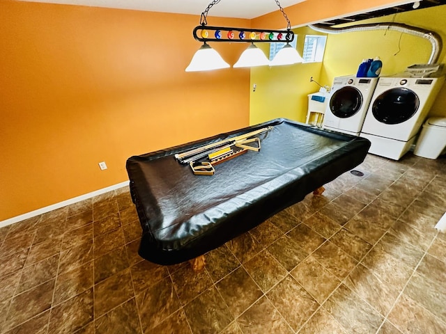 playroom with washer and dryer, billiards, and baseboards
