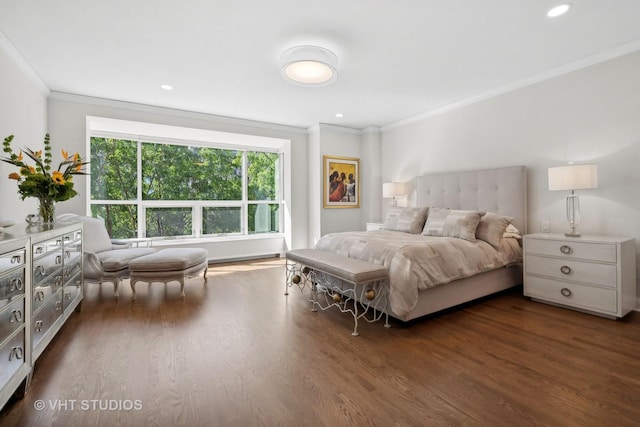 bedroom with recessed lighting, dark wood-style floors, and ornamental molding