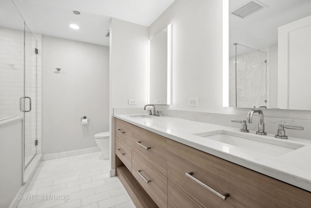 full bath featuring a shower stall, toilet, visible vents, and a sink