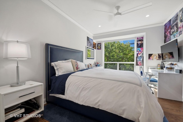 bedroom with recessed lighting, wood finished floors, ornamental molding, and a ceiling fan