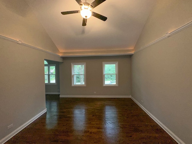 empty room featuring lofted ceiling, ceiling fan, and plenty of natural light