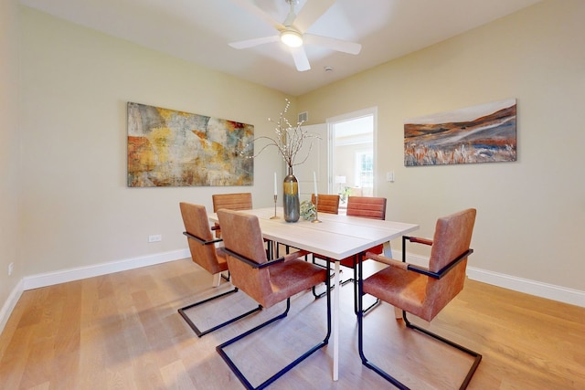 dining room featuring light wood-type flooring and ceiling fan