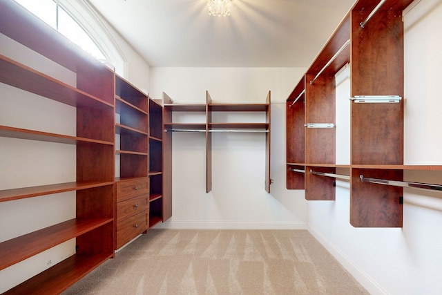 walk in closet featuring light carpet