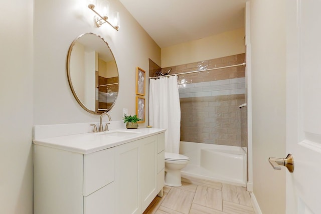 full bathroom with vanity, shower / tub combo, toilet, and tile patterned flooring