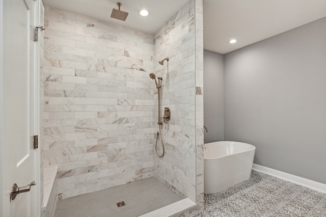 bathroom featuring independent shower and bath and tile patterned floors