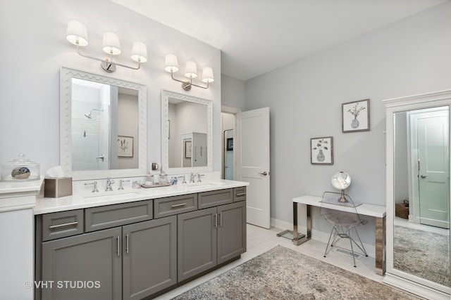 bathroom featuring vanity, walk in shower, and tile patterned floors